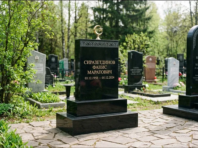 Мусульманский памятник: ступенчатая трёхуровневая стела — золочёная гравировка мечети, дорожка из природного плитняка, работа «Мустафин» в Ижевске