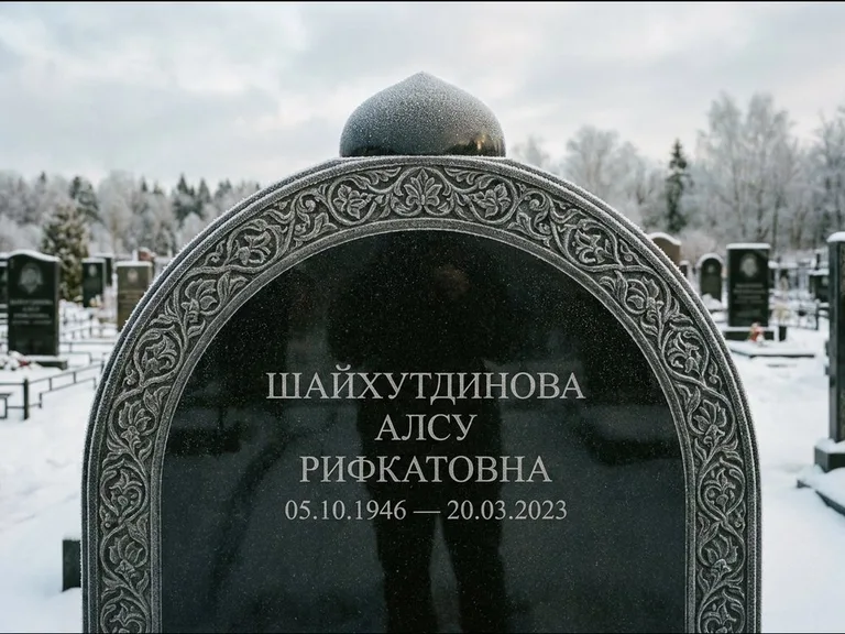Мусульманский памятник: полукруглая стела с купольным навершием — гравировка мечети под полумесяцем и звёздами, заснеженный зимний участок, работа «Ганиева» в Ижевске