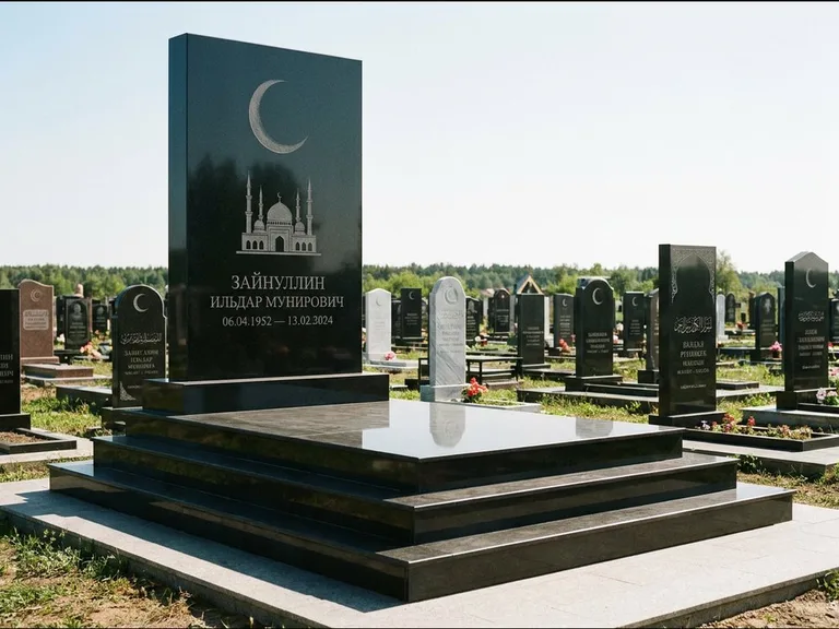 Мусульманский памятник: массивная стела на ступенчатом постаменте — гравировка мечети под полумесяцем и звёздами, гранитная площадка без ограды, работа «Хабибуллин» в Ижевске