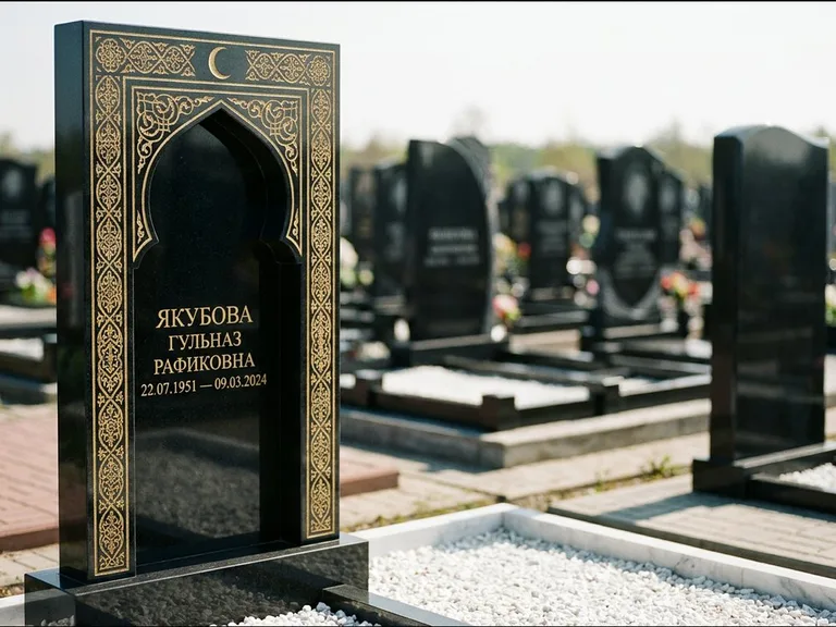 Мусульманский памятник: стела в форме михраба с глубокой нишей и золочёным орнаментом — детализированная гравировка мечети Кул-Шариф, участок с белой мраморной крошкой, работа «Мустафин» в Ижевске