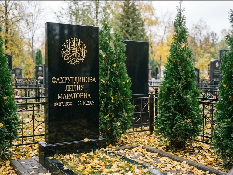 Мусульманский памятник — шахада в верхней части стелы, работа «Фахрутдинова» в Ижевске