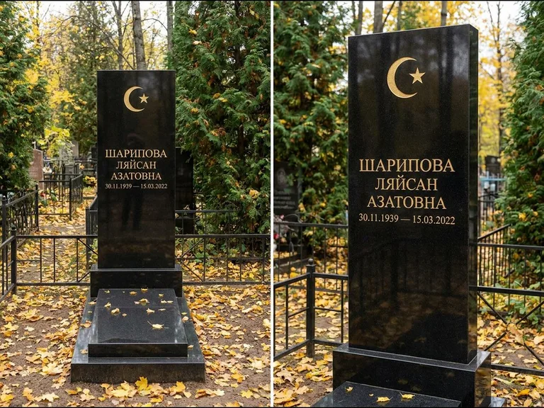 Памятник с гравировкой полумесяца — золочёная гравировка полумесяца со звездой в верхней части с, работа «Шарипова» в Ижевске
