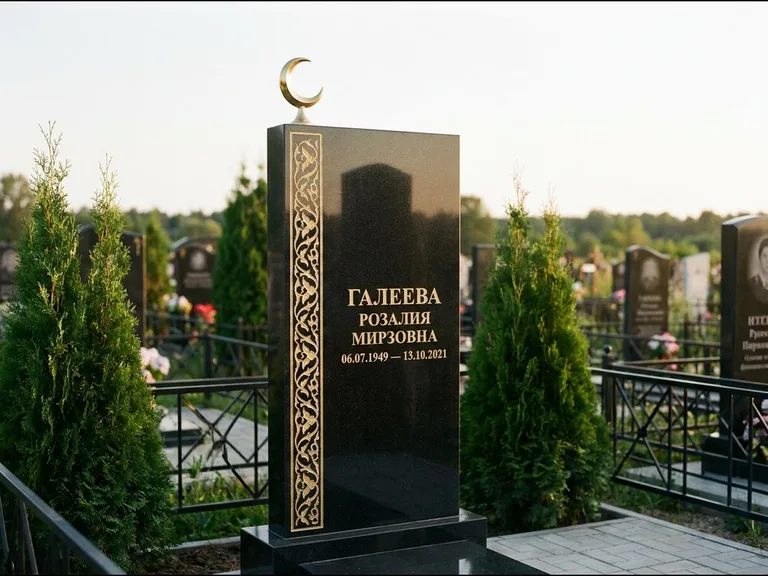 Памятник с гравировкой полумесяца — золочёный полумесяц и колонна растительного орнамента-ислими, работа «Галеева» в Ижевске