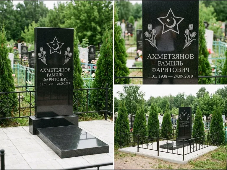 Памятник с гравировкой полумесяца — гравировка полумесяца со звездой и тюльпанами по бокам, работа «Ахметзянов» в Ижевске