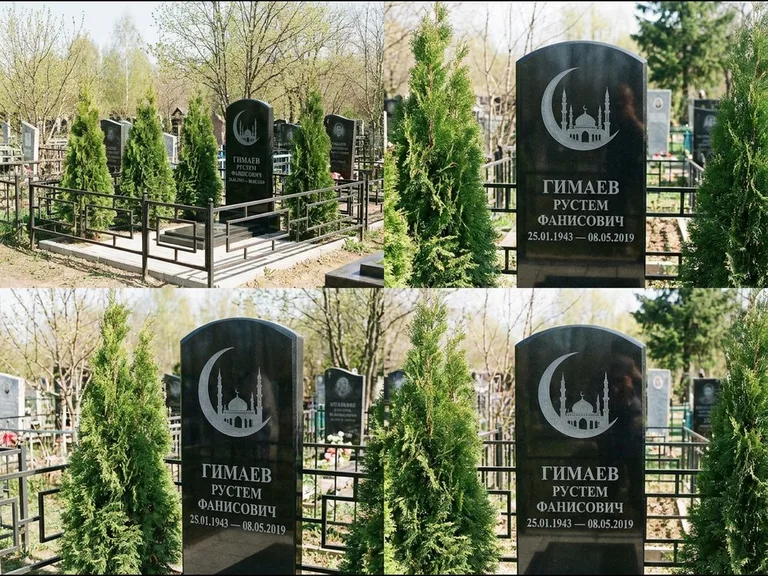 Памятник с гравировкой полумесяца — гравировка полумесяца над силуэтом мечети, работа «Гимаев» в Ижевске