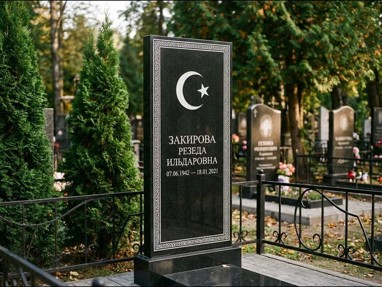 Памятник с гравировкой полумесяца — строгая белая гравировка полумесяца со звездой и орнаменталь, работа «Закирова» в Ижевске
