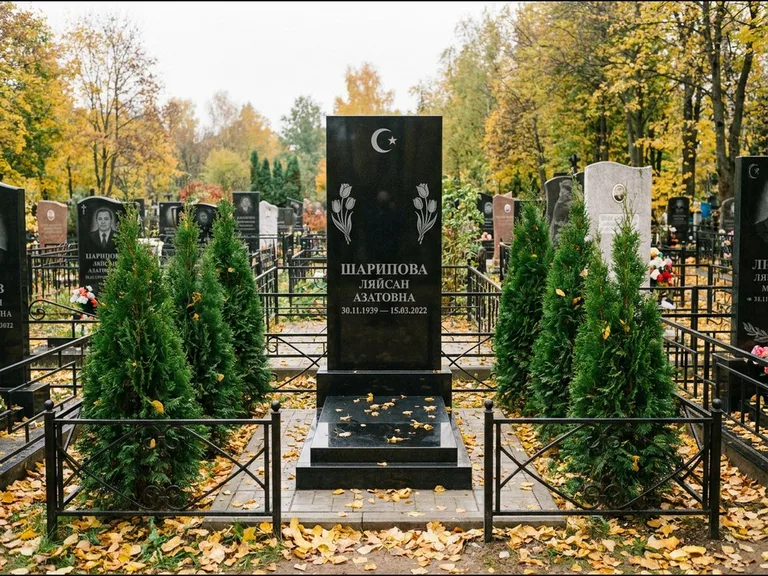 Памятник с гравировкой полумесяца — гравировка полумесяца со звездой и тюльпанами по бокам, работа «Шарипова» в Ижевске