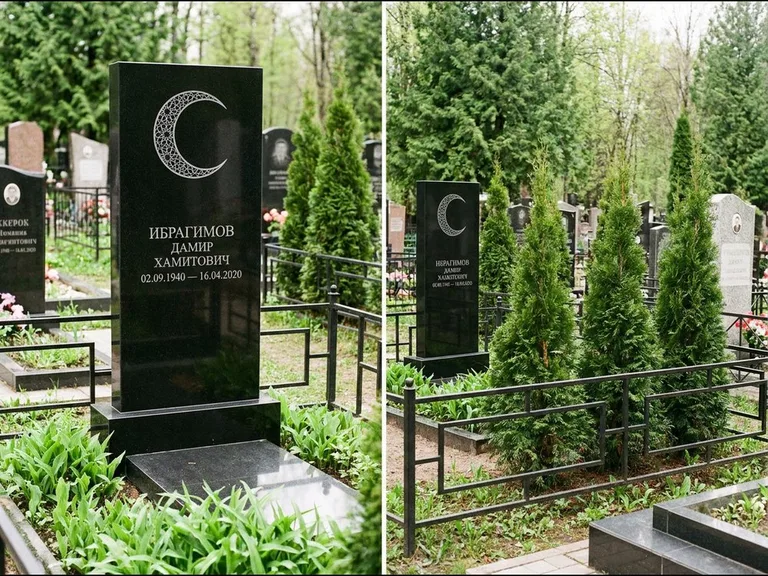 Памятник с гравировкой полумесяца — гравировка полумесяца в геометрическом орнаменте-гирихе, работа «Ибрагимов» в Ижевске