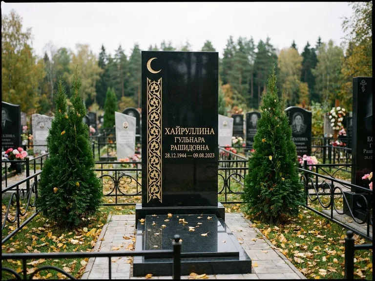 Памятник с гравировкой полумесяца — золочёный полумесяц и колонна растительного орнамента-ислими, работа «Хайруллина» в Ижевске