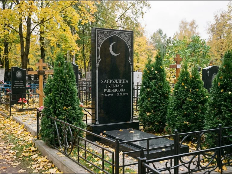 Памятник с гравировкой полумесяца — гравировка полумесяца в восточной арке с орнаментом, работа «Хайруллина» в Ижевске
