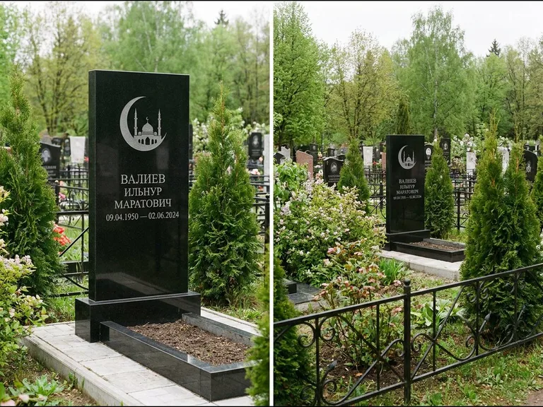 Памятник с гравировкой полумесяца — гравировка полумесяца над силуэтом мечети, работа «Валиев» в Ижевске