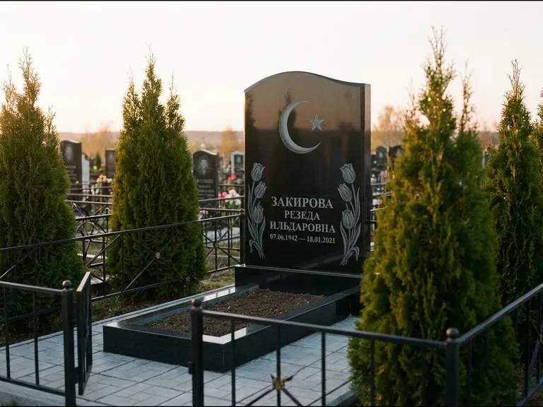 Памятник с гравировкой полумесяца — гравировка полумесяца со звездой и тюльпанами по бокам, работа «Закирова» в Ижевске