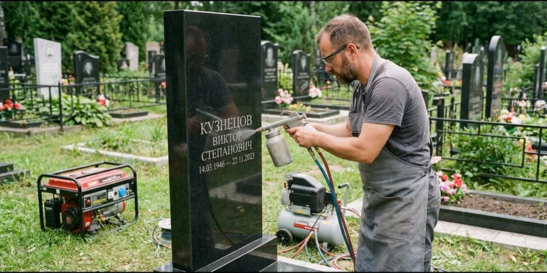 Гравировка на памятнике с выездом на кладбище в Ижевске — мастер гравирует установленный памятник