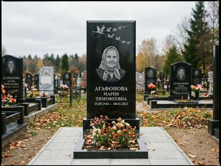 Гравировка журавлей на памятник в Ижевске — памятник из чёрного гранита с гравировкой