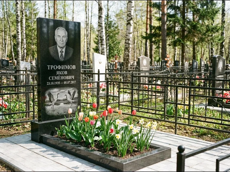 Памятник с гравировкой журавлей — гравировка пары журавлей над гладью озера в нижней части, работа «Трофимов» в Ижевске