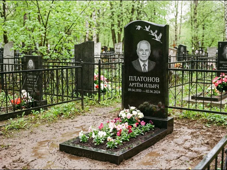 Памятник с гравировкой журавлей — белая гравировка клина журавлей, уходящего в верхний угол ст, работа «Платонов» в Ижевске