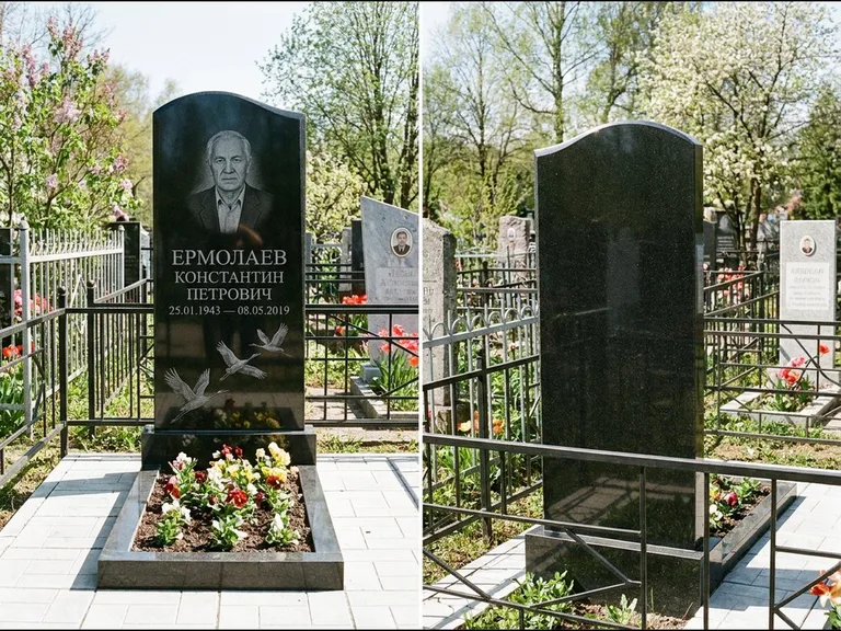 Памятник с гравировкой журавлей — гравировка трёх журавлей по диагонали через свободное поле с, работа «Ермолаев» в Ижевске