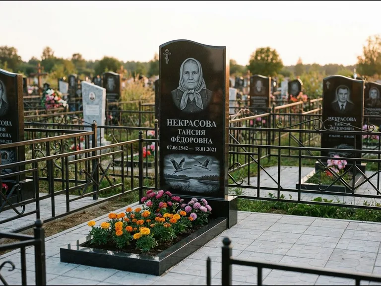Памятник с гравировкой журавлей — гравировка пары журавлей над гладью озера в нижней части, работа «Некрасова» в Ижевске