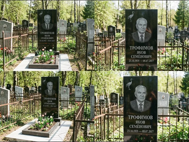 Памятник с гравировкой журавлей — гравировка одиночного летящего журавля над портретом, работа «Трофимов» в Ижевске