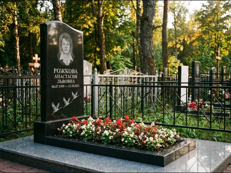 Памятник с гравировкой журавлей — гравировка трёх журавлей по диагонали через свободное поле с, работа «Рожкова» в Ижевске