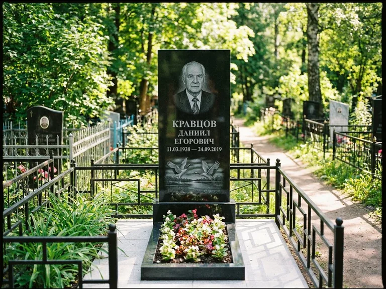 Памятник с гравировкой журавлей — гравировка пары журавлей над гладью озера в нижней части, работа «Кравцов» в Ижевске