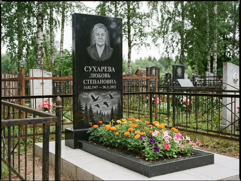 Памятник с гравировкой журавлей — гравировка силуэтов журавлей над еловым лесом, работа «Сухарева» в Ижевске