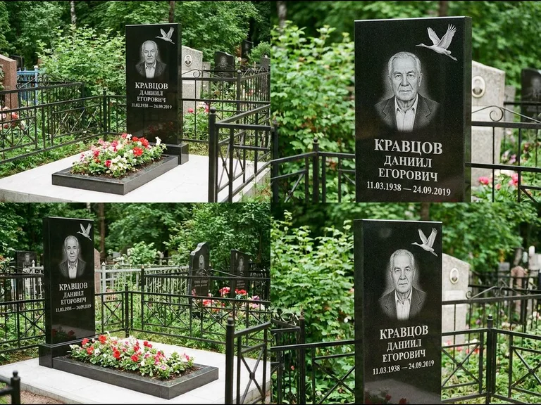 Памятник с гравировкой журавлей — белая гравировка клина журавлей, уходящего в верхний угол ст, работа «Кравцов» в Ижевске