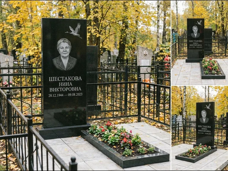 Памятник с гравировкой журавлей — гравировка одиночного летящего журавля над портретом, работа «Шестакова» в Ижевске