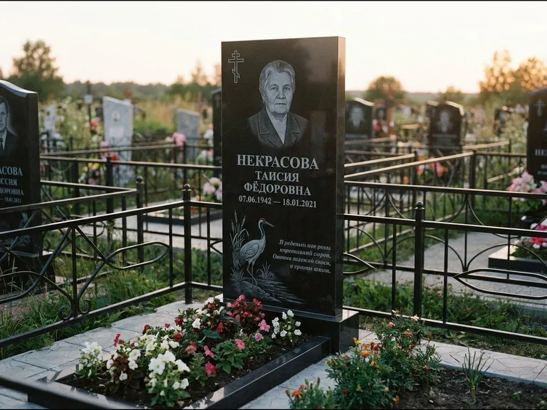 Памятник с гравировкой журавлей — гравировка журавля у камышей рядом с эпитафией, работа «Некрасова» в Ижевске