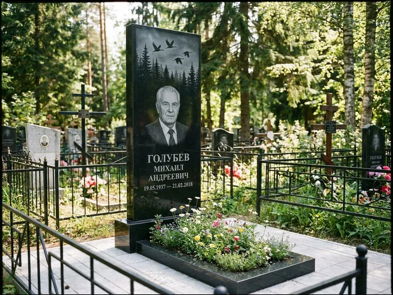 Памятник с гравировкой журавлей — гравировка силуэтов журавлей над еловым лесом, работа «Голубев» в Ижевске