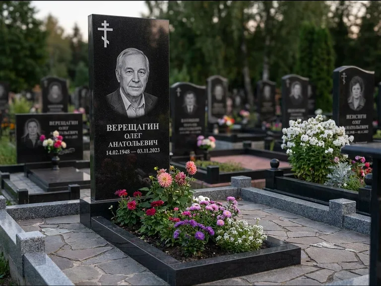 Памятник из чёрного гранита — горизонтальная плита-стела с православным восьмиконечным крестом, работа «Тихонов» в Ижевске
