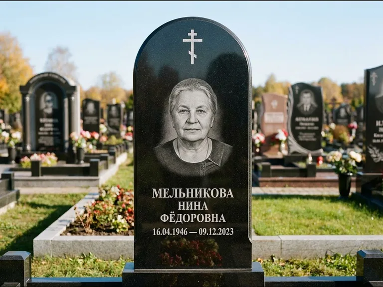 Памятник из чёрного гранита — стела с резным навершием с латинским крестом, работа «Савельева» в Ижевске
