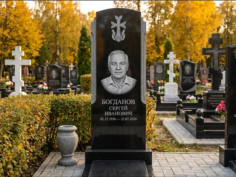 Памятник из чёрного гранита — круглая стела-медальон с армянским хачкаром, работа «Ковалёв» в Ижевске
