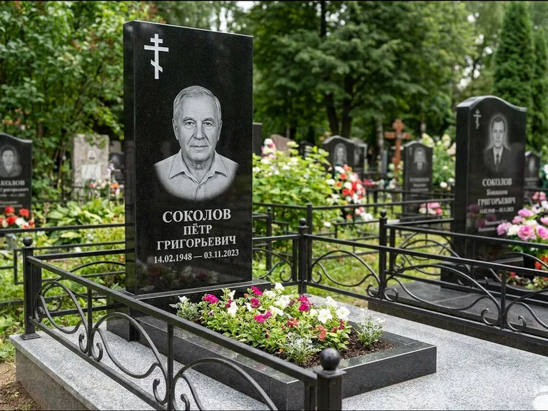 Памятник из чёрного гранита — стела с арочным верхом с православным восьмиконечным крестом, работа «Ковалёв» в Ижевске