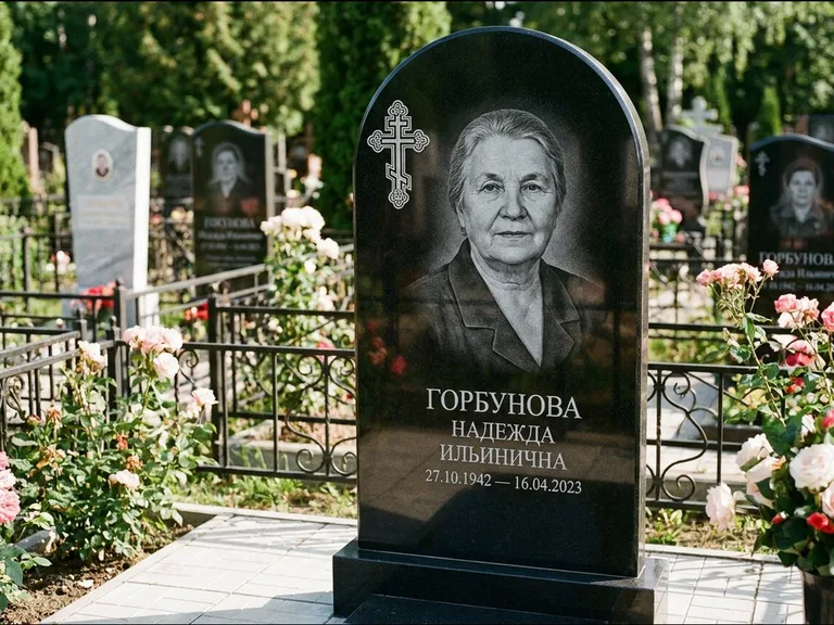 Памятник из чёрного гранита — стела с боковой колонной с крестом в лучах, работа «Мельникова» в Ижевске