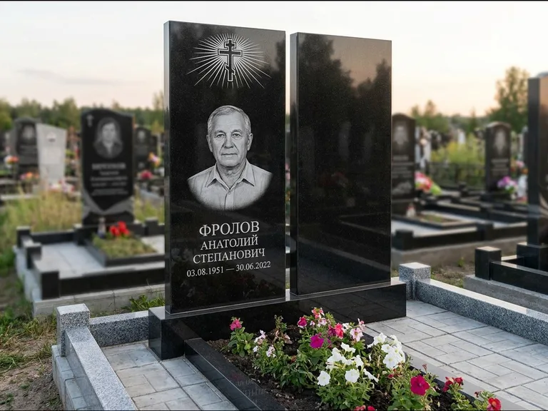 Памятник из чёрного гранита — стела на ступенчатом постаменте с золочёным крестом, работа «Богданов» в Ижевске