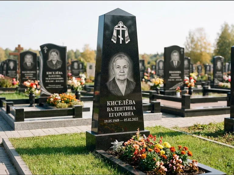 Памятник из чёрного гранита — стела со скошенным верхом с ажурным резным крестом, работа «Селезнёва» в Ижевске