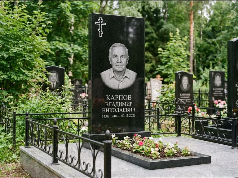 Памятник из чёрного гранита — узкая стела с ажурным крестом с православным восьмиконечным крестом, работа «Гущин» в Ижевске
