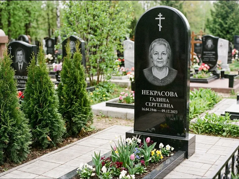 Памятник из чёрного гранита — стела с цветником-плитой с латинским крестом, работа «Лаврентьева» в Ижевске