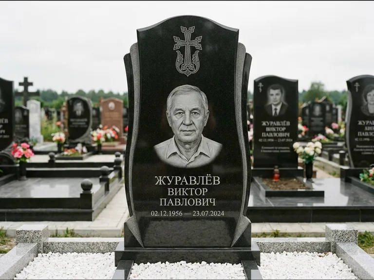 Памятник из чёрного гранита — панорамная стела с армянским хачкаром, работа «Тихонов» в Ижевске