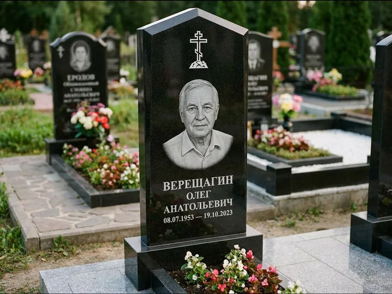 Памятник из чёрного гранита — обелиск-колонна с крестом на Голгофе, работа «Ковалёв» в Ижевске
