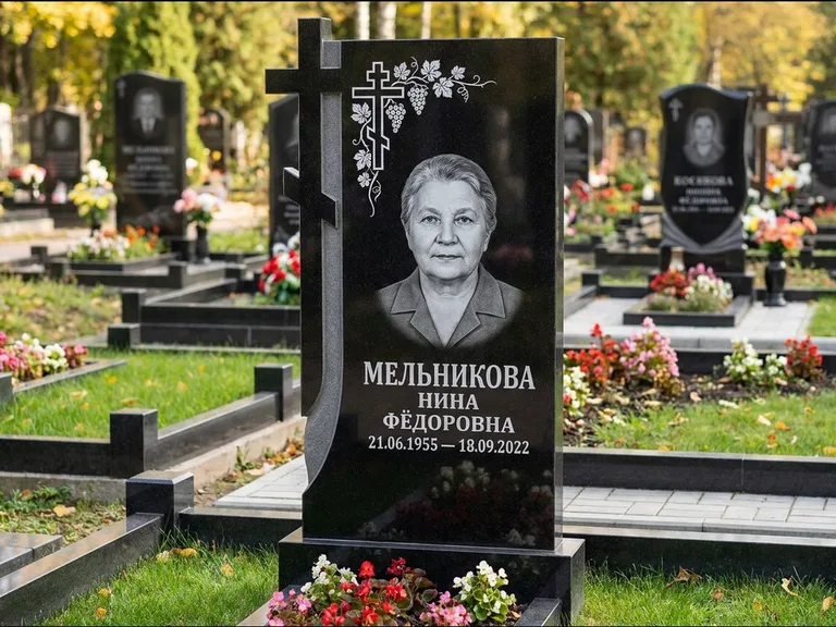 Памятник из чёрного гранита — стела с резной рамкой с крестом с распятием, работа «Некрасова» в Ижевске
