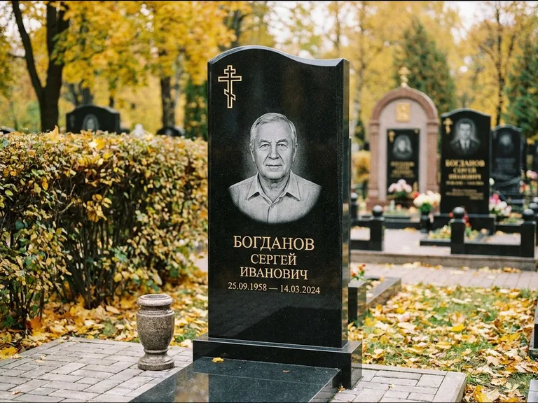 Памятник из чёрного гранита — стела с цветником с процветшим крестом с виноградной лозой, работа «Журавлёв» в Ижевске