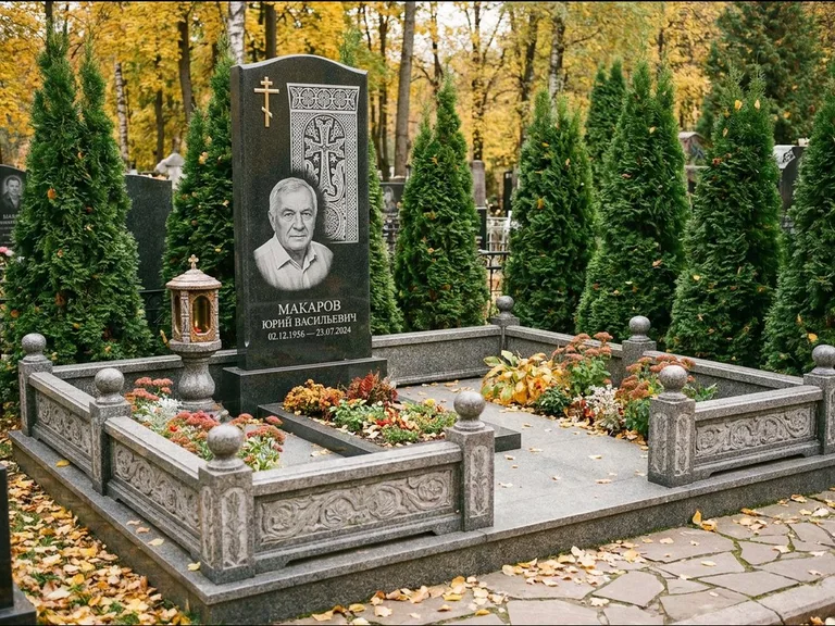 Памятник из чёрного гранита — стела с крестом и лампадой с армянским хачкаром, работа «Гущин» в Ижевске