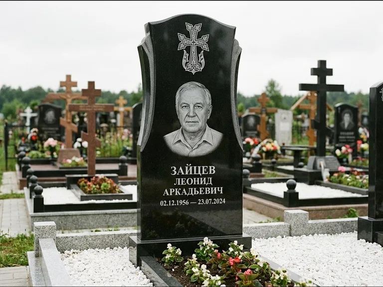 Памятник из чёрного гранита — семейная стела на двоих с армянским хачкаром, работа «Журавлёв» в Ижевске