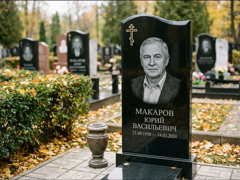 Памятник из чёрного гранита — фигурная стела с киот-нишей с процветшим крестом с виноградной лозой, работа «Богданов» в Ижевске