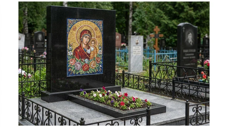 Мозаика на памятник в Ижевске — цветное панно из смальты на чёрной гранитной стеле