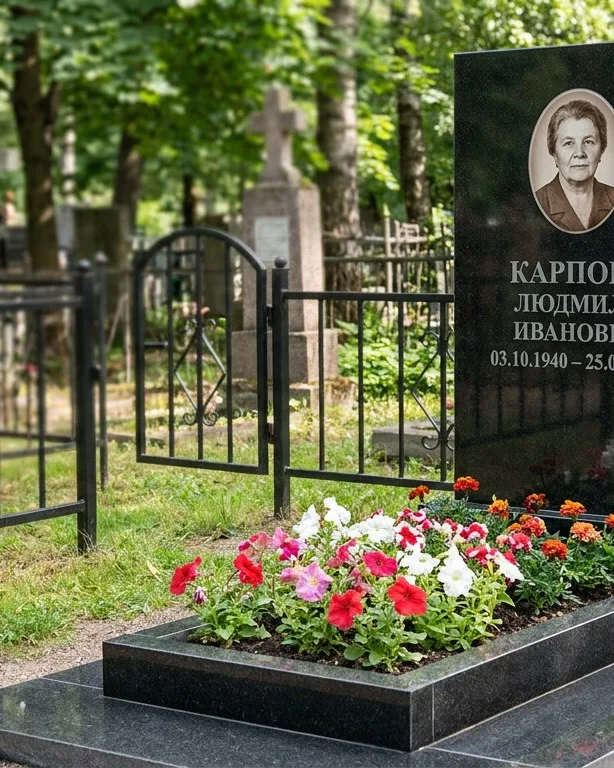 Памятник под ключ с низкой оградой и цветником в Ижевске