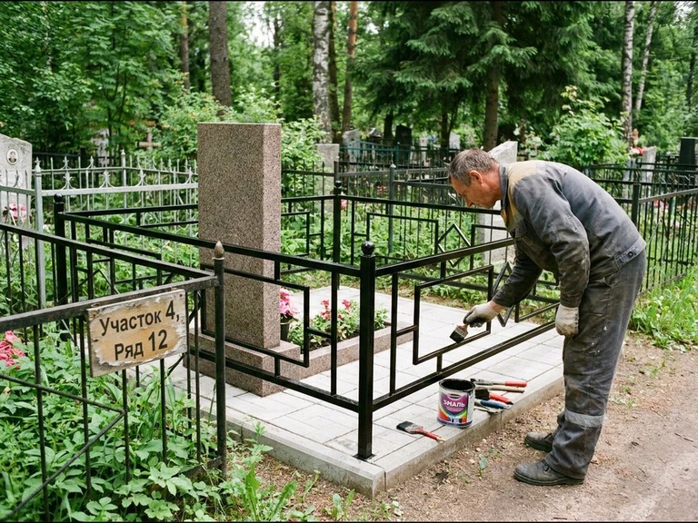 Покраска оградки на кладбище в Ижевске — мастер красит металлическую ограду на могиле чёрной эмалью