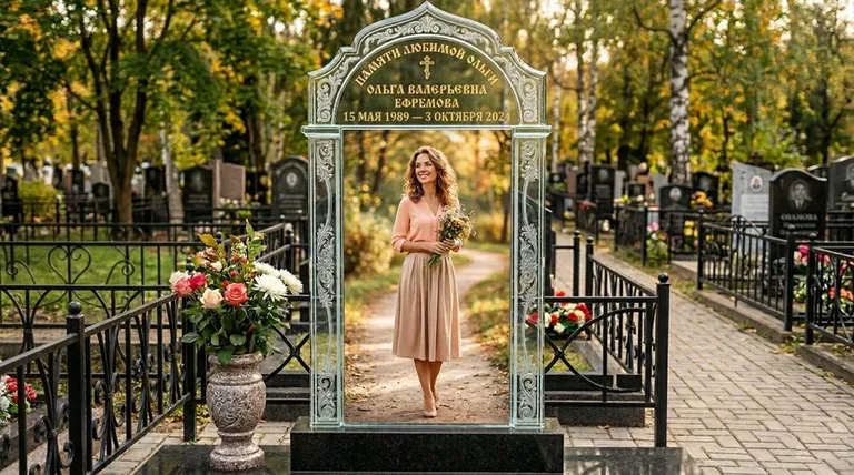 Портрет на стекле в форме арки на памятнике в Ижевске